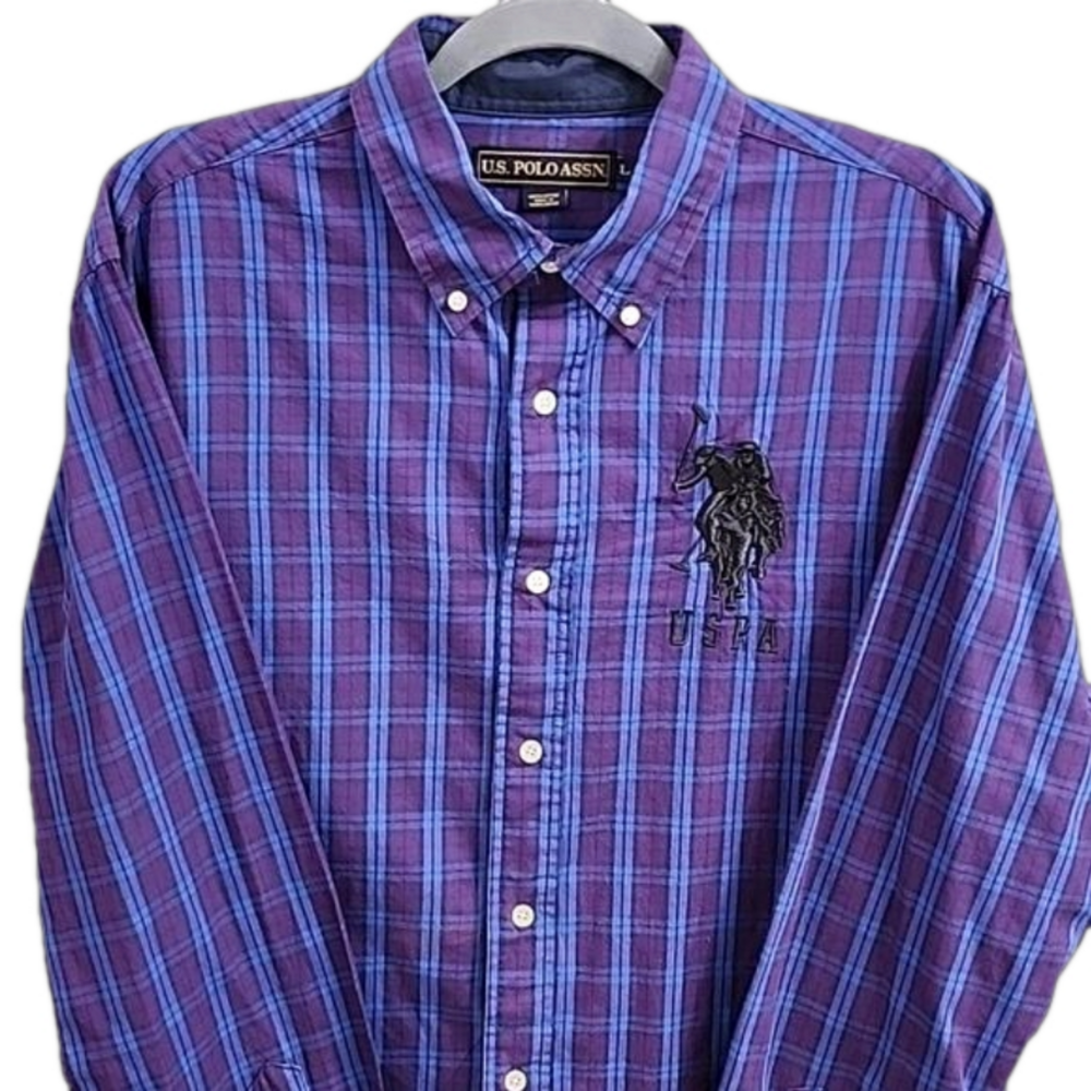 U.S. POLO ASSN. MEN'S BUTTON DOWN DRESS SHIRT SIZE LARGE BLUE AND PURPLE CHECK